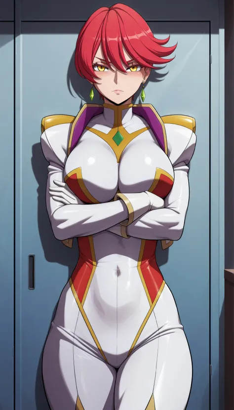 narah_pilotsuit,narah vaughn,1girl,solo,red hair, crossed arms,short hair,breasts ,yellow eyes,gloves,looking at viewer,jewelry,earrings,lipstick,large breasts,mature female,MILF, standing , score_9, score_8_up, score_7_up, score_6_up, score_5_up, score_4_...