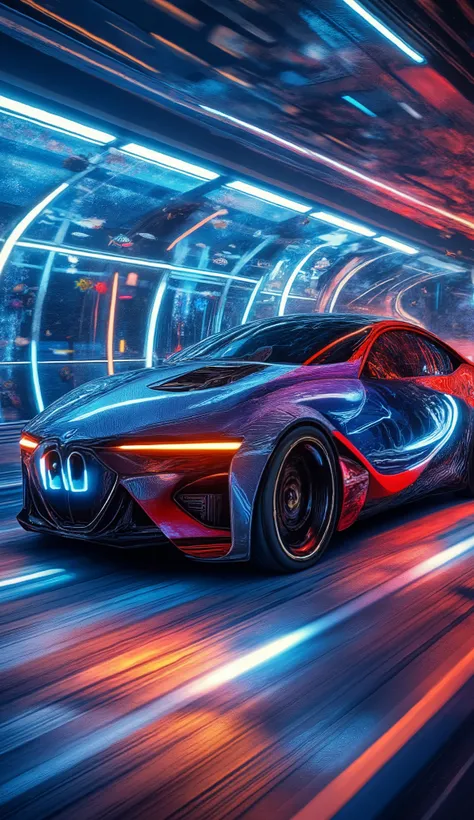 (best quality, 128k,highres,masterpiece:1.2),ultra-detailed,(realistic,photorealistic,photo-realistic:1.37), ((masterpiece)) ((photography)) ((Highest quality)) ultra-detailed futuristic render of a BMW i8 with a vibrant three-tone electric paint job (blue...