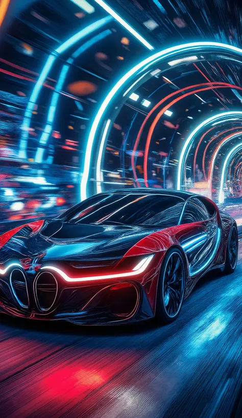 (best quality, 128k,highres,masterpiece:1.2),ultra-detailed,(realistic,photorealistic,photo-realistic:1.37), ((masterpiece)) ((photography)) ((Highest quality)) ultra-detailed futuristic render of a BMW i8 with a vibrant three-tone electric paint job (blue...