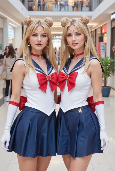 Create a hyper-realistic photograph of beautiful, fair-skinned twin student girls. They have very long, straight blonde hair styled in two buns and twin tails. Both are wearing Sailormoon costumes and standing in a symmetrical pose, resembling small versio...