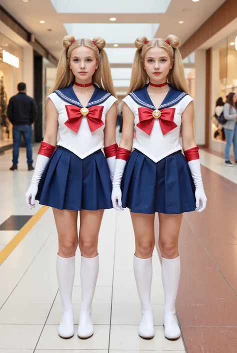 Create a hyper-realistic photograph of beautiful, fair-skinned twin little student girls. They have very long, straight blonde hair styled in two buns and twin tails. Both are wearing Sailormoon costumes and standing in a symmetrical pose with idol horizon...