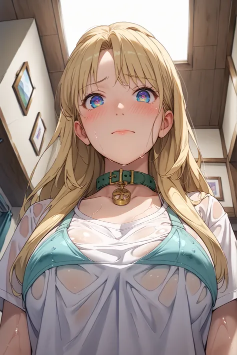 Luanne platter, king of the hill 、masterpiece、 top quality、(1 girl)、looking at viewer、(from directly below:1.5)、( upper body:1.3)、( embarrassed expression:1.2)、large breast、 white shirt with collar、おっぱいの谷間、open shirt、long hair、 blonde hair、detailed eyes,  ...