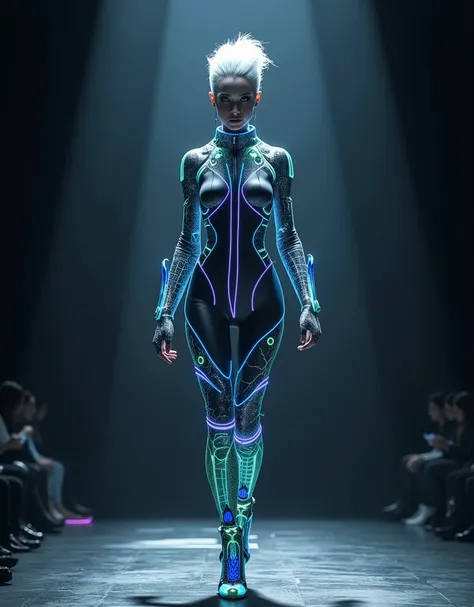 A tall androgynous asthenic supermodel on the catwalk demonstrates a futuristic high-tech suit from the year 3025, combining biodesign, digital technology and space aesthetics. A spectacular pose. A spectacular futuristic and surreal fashion look. A form-...