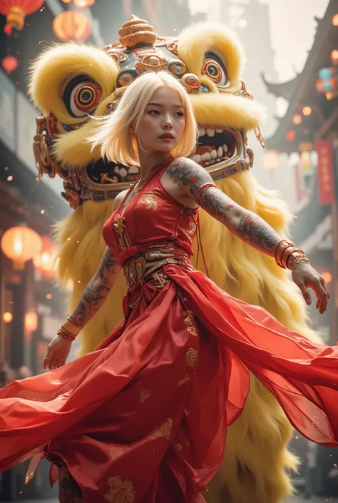 "A hyper-realistic, vibrant daytime festival scene featuring a beautiful young Asian sexy woman dancing gracefully in an elegant, flowing traditional outfit with golden bob hair and color tattoos on her arms. She wears an exquisitely embroidered red kimono...