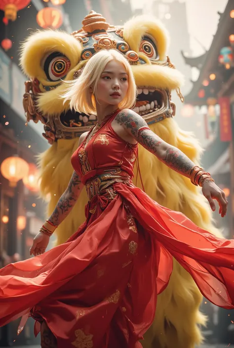 "A hyper-realistic, vibrant daytime festival scene featuring a beautiful young Asian sexy woman dancing gracefully in an elegant, flowing traditional outfit with golden bob hair and color tattoos on her arms. She wears an exquisitely embroidered red kimono...