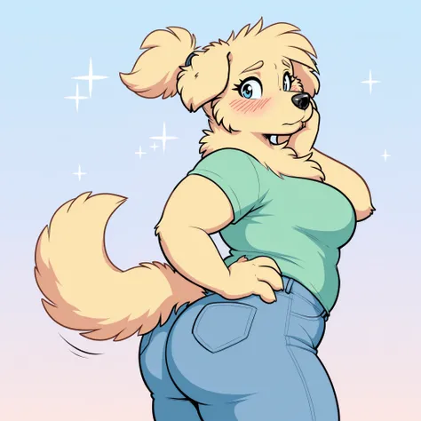 masterpiece, best quality, amazing quality, anthro golden retriever, 1girl, solo, simple background, pastel colours, wind, spring, stars, young, eyelashes, blue eyes, fur, medium breasts, wide hips, chubby thighs, thick arms, shy, blushing, looking at view...