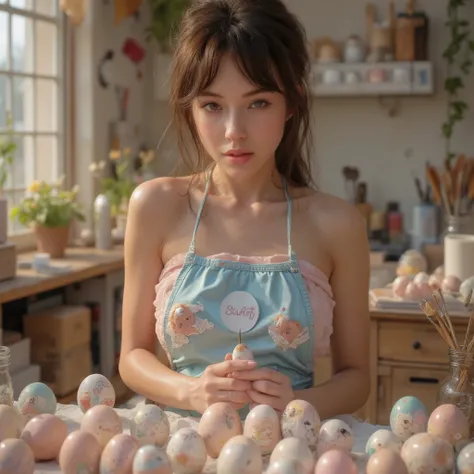 (8K, Hyper realistic, Ultra details) A beautiful, sexy, hot, artistic figure in a shiny pastel blue apron over a pastel pink bikini, sits at a table painting on egg with the circular 'Sea Art' logo, with rows of intricately painted eggs on the table. The s...