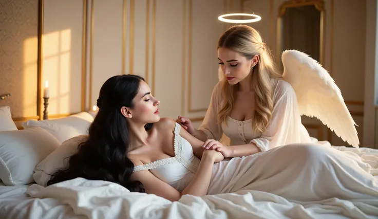 A peaceful young woman with long black hair, sleeping gracefully on a soft bed with white sheets. She wears an elegant off-shoulder white nightgown that flows naturally around her, her face calm and serene. Standing beside her is a graceful female angel wi...