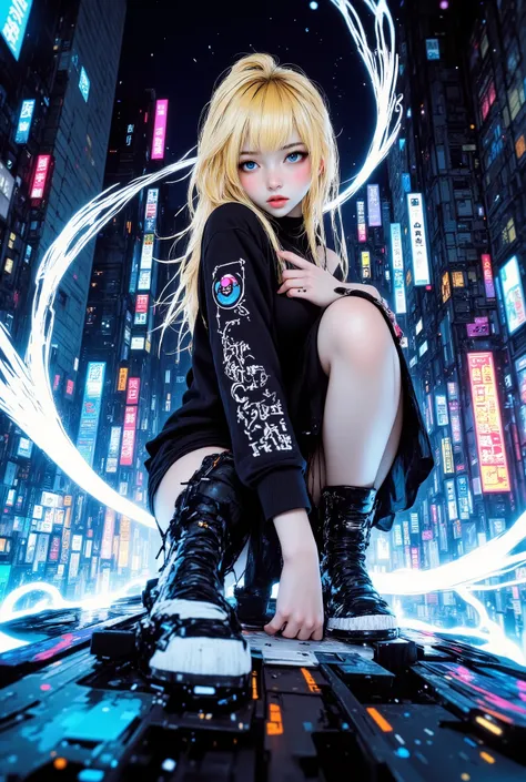 Future cityscape at night, Woman riding a futuristic surfboard with a jet engine, Blue-white sparks and smoke are shooting out of the jet engine, She is surfing through the air on this surfboard, High Definition, masterpiece, Accurate, top quality, High De...