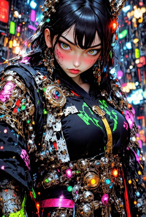 1 Woman, Future cityscape at night, Woman in a hakama with flowing black hair, (((dynamic poses wielding a beautiful sword, splashes of water))), gives an impression of movement and elegance, (((makes a sense of fluidity and strength))), kata211, High Defi...