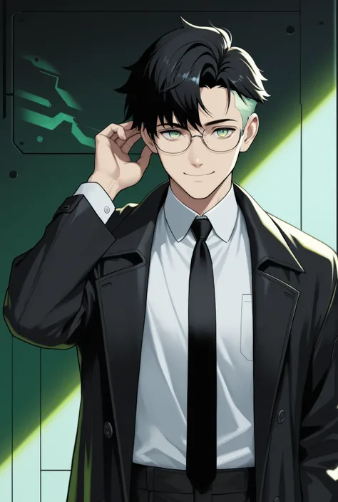 high resolution, best quality, masterpiece, one boy,handsome,black hair,Inner color is light green,Short Hair,glasses,light green eyes,cyberpunk,Black Long Coat,White Shirt,black ties,Black Pants,smiles, Japanese illustration