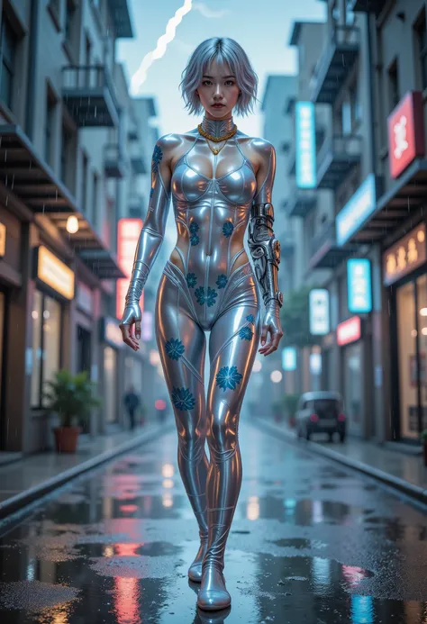 Surrealism, retina, masterpiece, accurate, anatomically correct, super detail, best quality, 8k, extremely precise in every detail, beautiful detailed glow, beautiful attention to detail, beautiful detailed eyes, One young girl is walking down a futuristic...