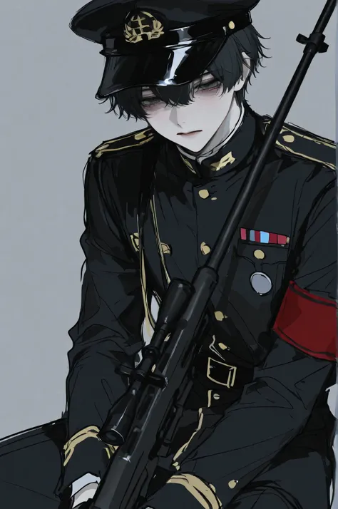 1boy, male focus, solo, tired, 1male, sketch, , uniform, sniper rifle, Peaked cap, aegyo sal,