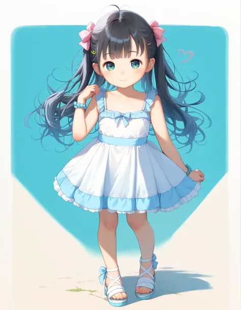 best image quality、 pretty eyes、detailed eyes、cute face、baby face、girl、black hair、small、twin tails、white dress、full body、Pastel Backgrounds、standing pose with shoulders hidden