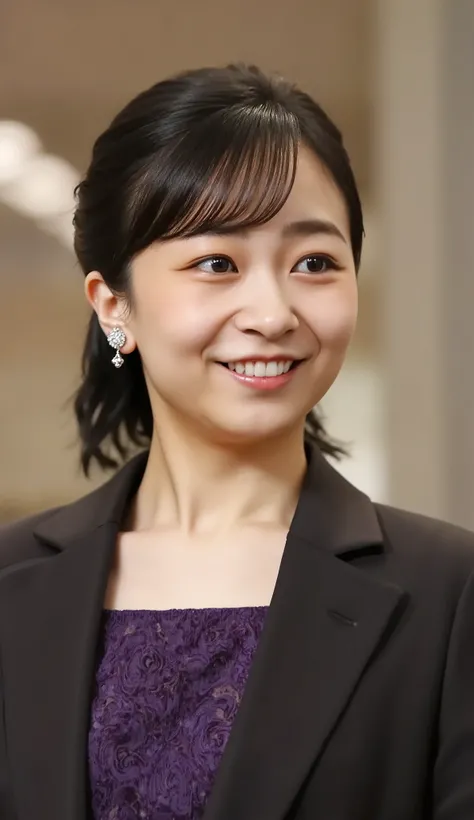Japanese woman headshot、looking at the camera、Dark eyeshadow、 smile showing teeth、Red cheeks、ear piercing、necklace、upper body、Background is in a room、
