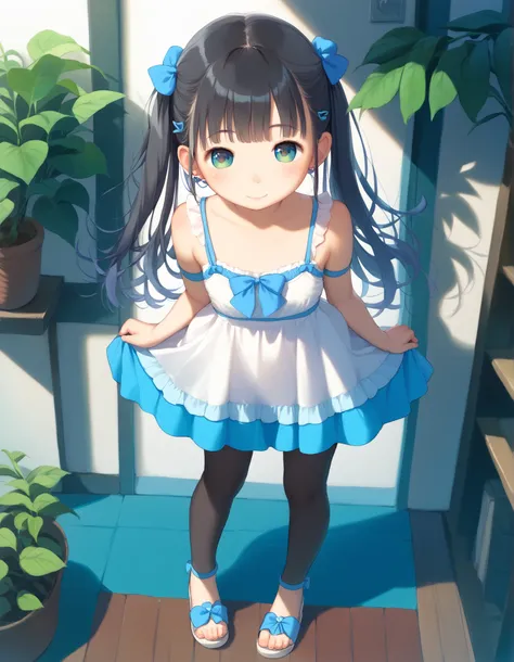 best image quality、 pretty eyes、detailed eyes、cute face、baby face、girl、black hair、small、twin tails、white dress、full body、Pastel Backgrounds、standing pose with shoulders hidden