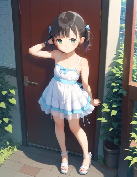 best image quality、 pretty eyes、detailed eyes、cute face、baby face、girl、black hair、small、twin tails、white dress、full body、Pastel Backgrounds、standing pose with shoulders hidden