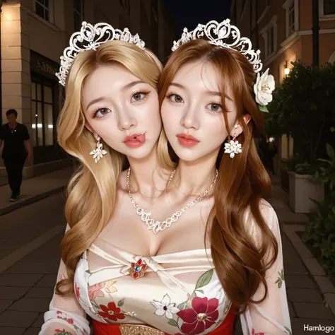 best resolution, conjoined, 3heads, woman with three heads, tall, big chest, different hairstyles, brown hair and blonde hair, long hair night urban setting, floral hanbok, lots of jewellery, earrings, tiara, necklace, flowers in hair, blowing kiss, posing...