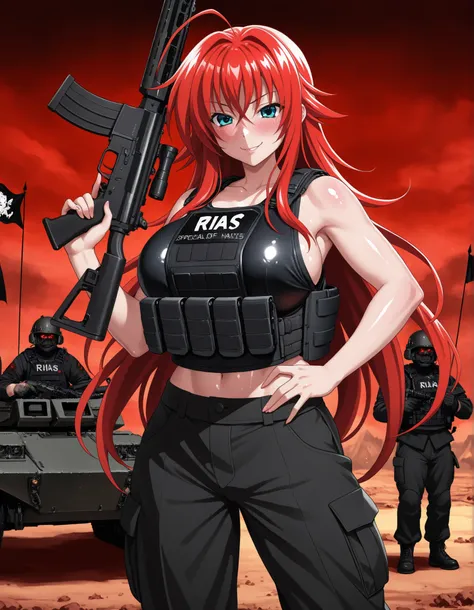 Rias Gremory, big breasts, (((bulletproof vest))), soldier of hell, (((shiny skin))), in a hell, red sky, demon paradise, sexy pose, evil smile, blushing, holding a rifle, War zone, armored vehicles, special operations, black flags, (((Rias' name on his bu...