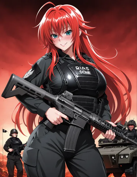 Rias Gremory, big breasts, (((bulletproof vest))), soldier of hell, (((shiny skin))), in a hell, red sky, demon paradise, sexy pose, evil smile, blushing, holding a rifle, War zone, armored vehicles, special operations, black flags, (((Rias' name on his bu...
