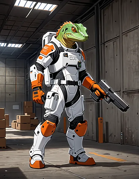 (masterpiece), (best quality), (high res), (solo, solo focus), 1male, male focus, anthropomorphic lizard, mutant, reptile, green lizard, (holding weapon, Glock Pistol), matching orange gloves, white spacesuit, armor, black knee pads, white boots, midget-si...