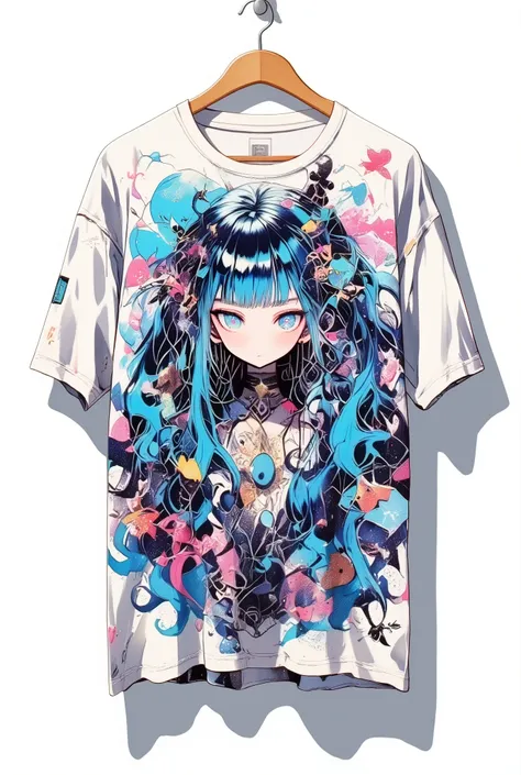 a white T-shirt hanging on a wooden hanger, with a large colorful print of a surreal anime-style girl with long flowing blue hair and glowing eyes, surrounded by small fish and abstract elements in her hair, pop art, complex texture, high-resolution fabric...