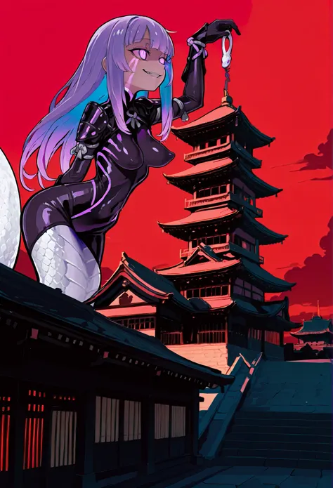 Lamia girl. Lavender colored hair. Long hair. Tie-up hair. Japanese samurai armor. Cyber bodysuit. Perky breasts. Slim waist. Purple glowing eyes. Sleepy eyes. Smiling. White snake body. Leaning against the castle. Black costume. Purple glowing lines. Re...