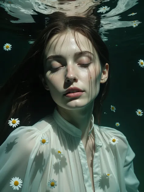 Prompt: A hyper-realistic underwater portrait of a woman, captured as if taken with a high-resolution camera. She has long, straight, dark hair, wet and flowing naturally around her head in the water, with individual strands visibly detailed and reflective...