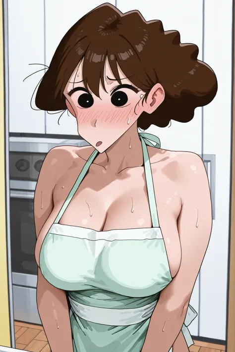 Lora: misae nohara                  dark brown hair             black eyes          she is blushing red      sweating              indoor atmosphere       cleavage    apron only            naked       big breasts          side breasts 