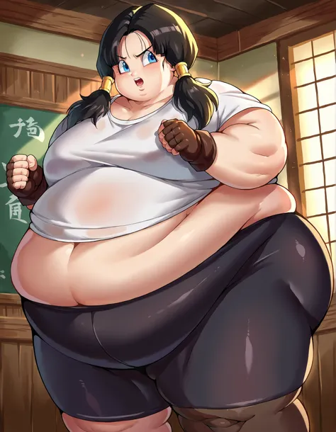 score_9, score_8_up, score_7_up, source_anime,
videl, videl, black hair, blue eyes, eyelashes, parted bangs, twintails,
bike shorts, black gloves, black legwear, collarbone, fingerless gloves, gloves, shirt, short sleeves, white shirt,
indoors, dojo, cowbo...