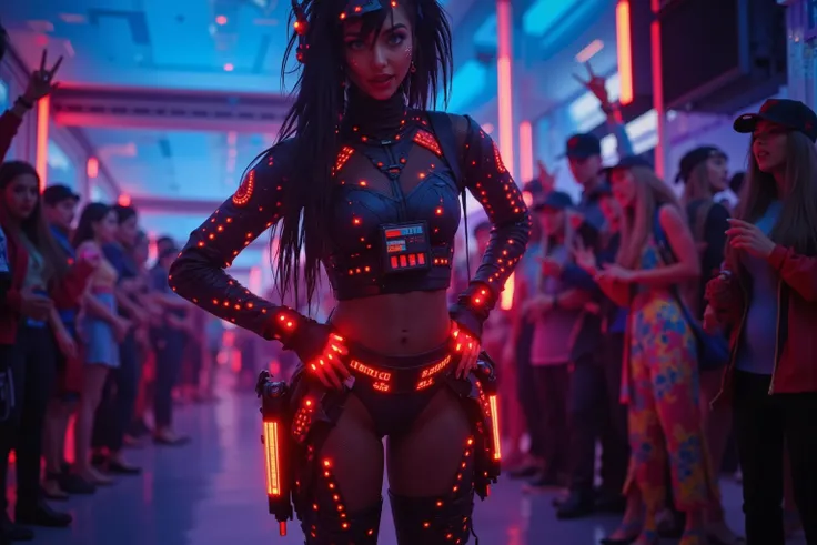 cute woman wearing (sexy sectional Darth Vader inspired outfit with red neon high lights, sci fi short boots glowing, utility belt, electronic hairband with antenna, glowing red star sparkle body paint), she is a fashion model in the spotlight, the crowd i...