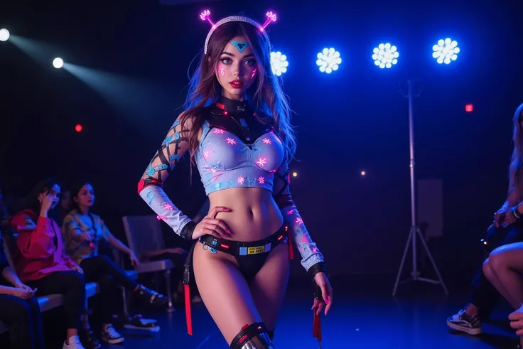 cute woman wearing (sexy sectional Sailor Moon inspired outfit with matching neon high lights, sci fi short boots glowing, utility belt, electronic hairband with antenna, matching glowing star sparkle body paint), she is a fashion model in the spotlight, t...
