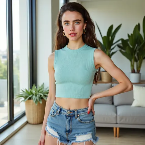A full-body photograph, masterpiece, photorealistic, high-resolution photograph featuring a Caucasus girl with a fair complexion and a slender build, margqflx. She has a striking, symmetrical face with a high forehead, arched eyebrows, and full lips. Her e...