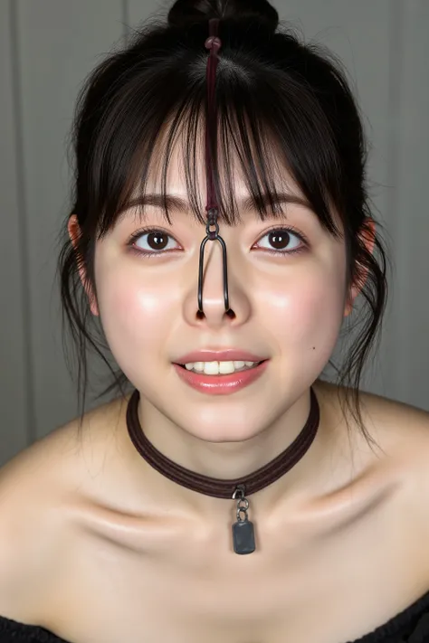 A high resolution photograph of a young Japanese woman, masterpiece, photo-realistic, natural lighting, film grain, portrait, fashion shoot, solo, 1girl, off-shoulder dress, black hair with blunt bangs, tilted head, detailed face, detailed eyes, beautiful ...