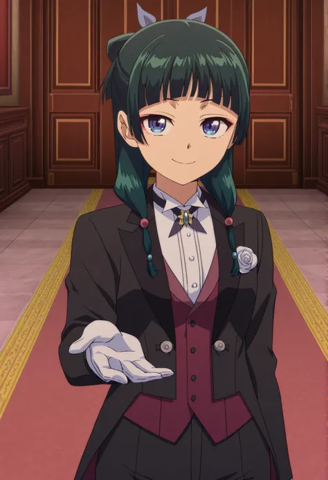 Maomao, green hair, blue eyes, orgment hair,anime coloring, tuxedo tailcoat, butler, pants ,, woman in a formal suit,she's looking at the camera with a calm smile,,, indoors,smile,, gloves ,masterpiece,best quality,amazing quality, ,,reaching at viewer,,,,