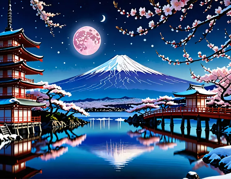 Fluffy clouds drift across the sky, A mystical landscape unfolds beneath a starry sky. A brilliant full moon and a delicate crescent moon dominate, covered in snow, Floating above a rippling lake. Reminiscent of the works of, A serene yet otherworldly atmo...