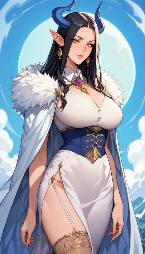 Score_9, Score_8_up, Score_7_up, Score_6_up, Score_5_up, Score_4_up, Source_anime, Tag1, Tag2, A tall and elegant demon queen with long black hair and blue horns. She has sharp golden eyes and pointed elf-like ears. Her outfit is a seductive, high-cut body...