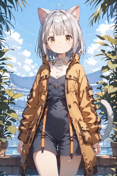 
HD、High Quality、8ｋ、4ｋ、Cat ears、 cat tail、beautiful girl、 Silver Hair、Golden Eye、 small 、Cinderella Bust、Wear the jacket directly on bare skin