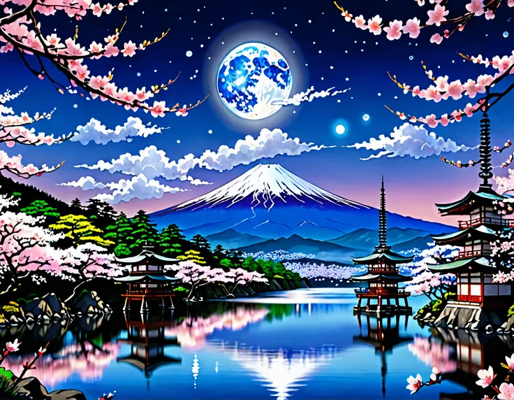 Fluffy clouds drift across the sky, A majestic mountain rises in the background. where a shining full moon rules, full of stars, , Floating on a rippling lake. Glowing blue spheres emanate electrical energy, Elements of Japanese nature blend with fantas...