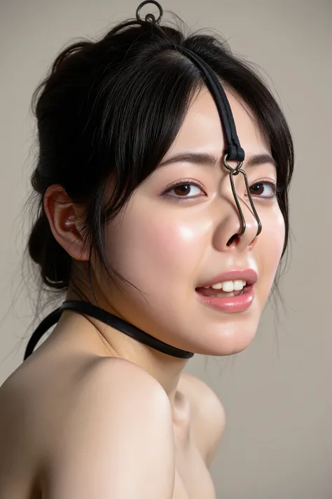 A high resolution photograph of a Japanese adult woman, masterpiece, photo-realistic, natural lighting, film grain, portrait, fashion shoot, solo, 1girl, off-shoulder dress, black hair with bangs, detailed face, detailed eyes, sophisticated nose, pale skin...
