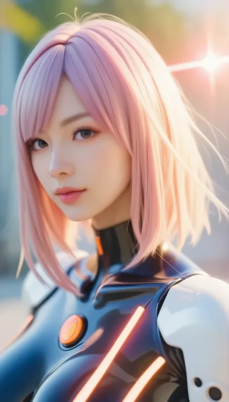 (A girl traveling to another world), a floating busty girl, Street fashion in 3025, robot suits, chemical suits that allow travel to different dimensions, illumination, neon colors, rubber suits, different dimensions, cyberspace, different worlds,Close Enc...