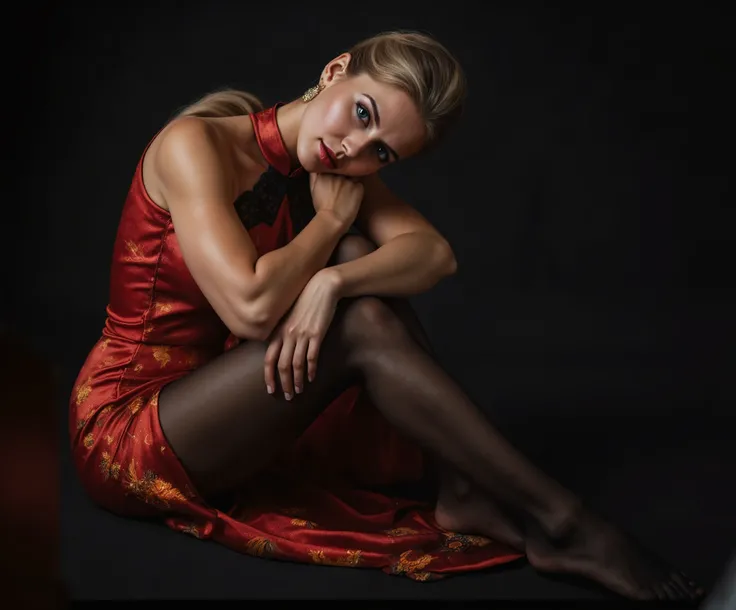 European mature female in a red sleeveless crotchless cheongsam posing for a picture, very attractive and beautiful, elegant seducing pose, beautiful sexy woman photo, sexy girl, very beautiful mature woman, sexy red red sleeveless crotchless cheongsam, go...