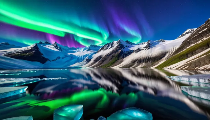 ultra-high image quality of processing,high precision,High Quality,Spectacular views,A wonderful sight of the auroras dancing in the night sky,(Vivid green, purple, and bright blue auroras ripple over a vast glacier:1.2), BREAK The glacier extends to the h...