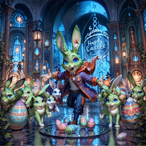 (( the full body Wizard Rabbit the rabbit's ears stretched out bright eyes , hands and fingers worked with surreal HD graphic design , Great Colossal) , (classic texture of a rabbit with light green fur and indigo blue eyes , wearing the clothes of a great...