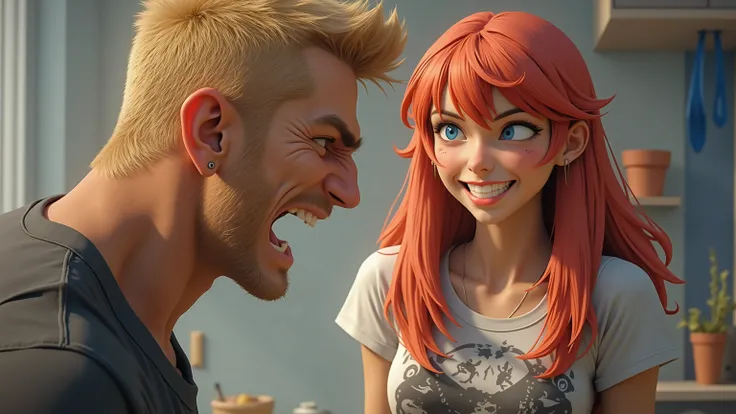 A guy is shouting at a girl and the girl is smiling slyly. 4k camera. the guy is wearing a T-shirt and jeans. The girl is beautiful, she has long straight red hair, bangs and blue eyes, she is wearing shorts and a T-shirt. the guy has blond short hair and ...