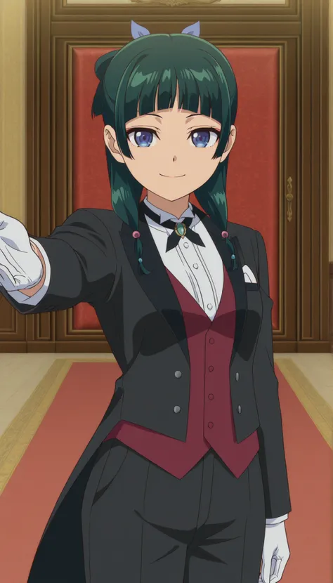 Maomao, green hair, blue eyes, orgment hair,anime coloring, tuxedo tailcoat, butler, pants ,, woman in a formal suit,she's looking at the camera with a calm smile,,, indoors,smile,, gloves ,masterpiece,best quality,amazing quality, ,,reaching at viewer,,,,