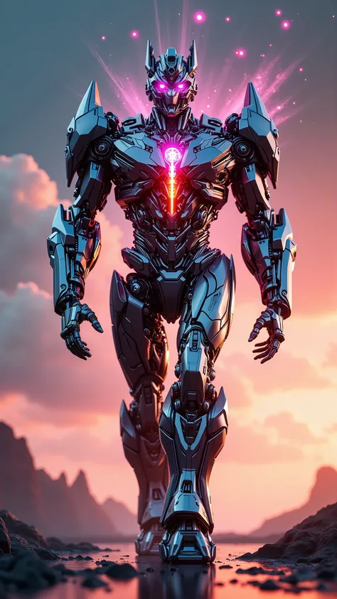 ElevenLabs reimagined as a sonic Transformer robot forged from pure sound and language energy, walking forward with voice waves resonating from his core, 1 male robot,
Helmet shaped like a stylized microphone head with multi-directional sound ports. Eyes...