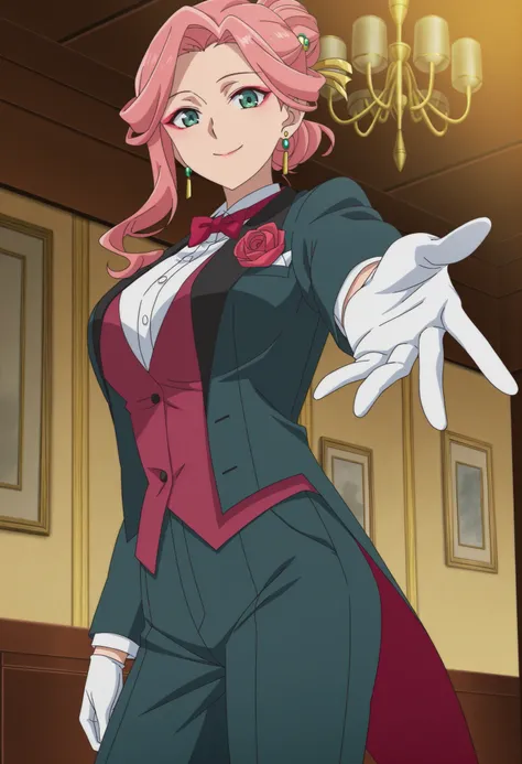 score_9,score_8_up,score_7_up,source anime,anime screencap,anime coloring,masterpiece,best quality,Gyokuyou, 1girl, solo, pink hair, long hair, single hair bun, green eyes, breasts , ornament, earrings, anime coloring, tuxedo tailcoat, butler, pants ,, wom...