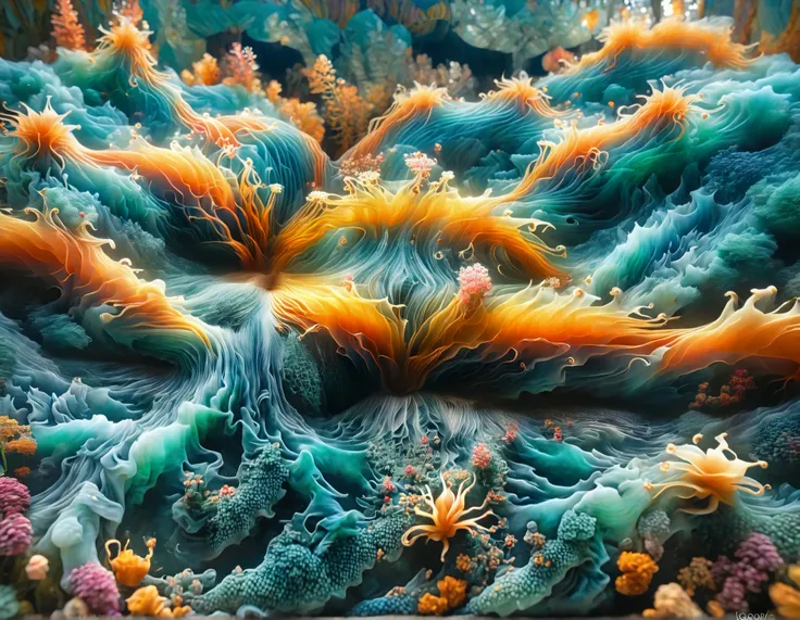 A dreamy scene where palaces and gardens are formed by Mandelbrot's fractal pattern, Creating an enchanting and infinitely detailed landscape .