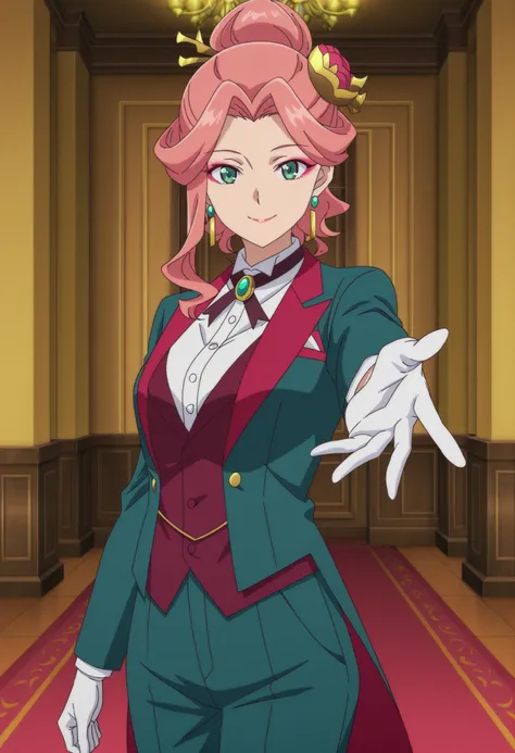 score_9,score_8_up,score_7_up,source anime,anime screencap,anime coloring,masterpiece,best quality,Gyokuyou, 1girl, solo, pink hair, long hair, single hair bun, green eyes, breasts , ornament, earrings, anime coloring, tuxedo tailcoat, butler, pants ,, wom...